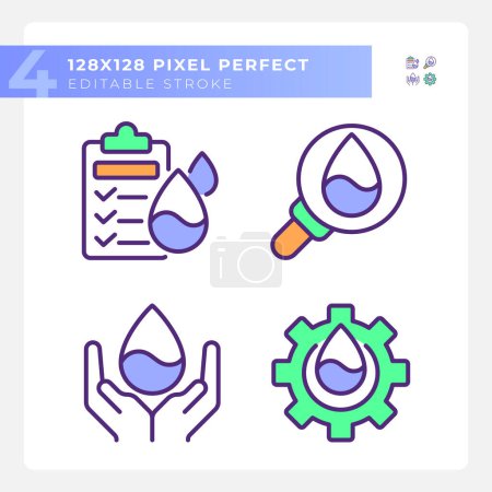 Quality testing RGB color icons set. Environmental protection. Quality control of potable water. Isolated vector illustrations. Simple filled line drawings collection. Editable stroke. Pixel perfect