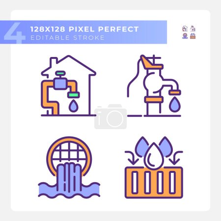 Water infrastructure RGB color icons set. Manual well pump. Home water system. Storm drain. Isolated vector illustrations. Simple filled line drawings collection. Editable stroke. Pixel perfect