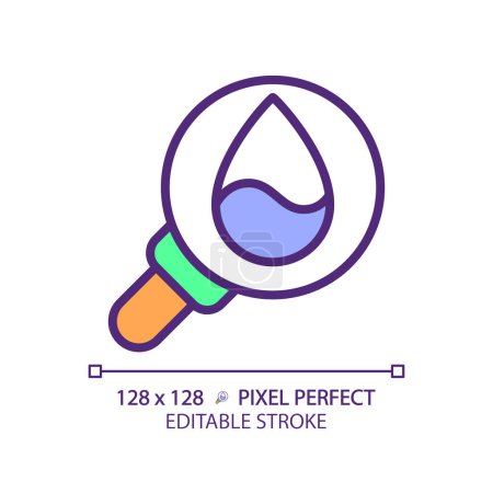 Water quality RGB color icon. Water droplet and magnifying glass. Clean water for drinking. Isolated vector illustration. Simple filled line drawing. Editable stroke. Pixel perfect
