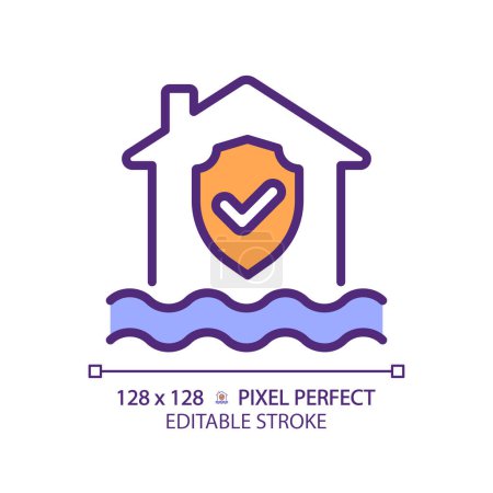 RGB-Farbsymbol für den Hochwasserschutz. Haus mit Häkchen über dem Wasser. Verhinderung von Wasserschäden. Isolierte Vektorillustration. Einfache ausgefüllte Linienzeichnung. Essbarer Schlaganfall. Pixel perfekt