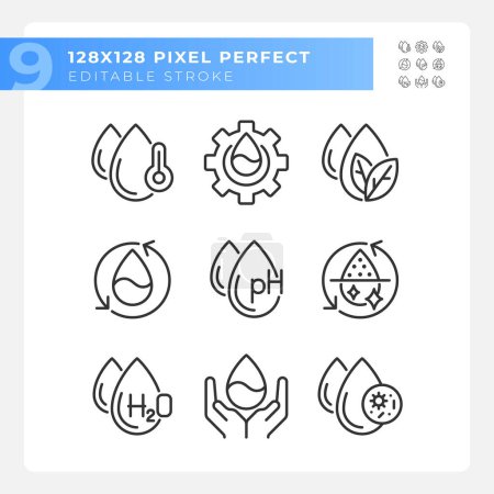 Water drops linear icons set. Water molecule and composition. Ph balance. Water purity. Customizable thin line symbols. Isolated vector outline illustrations. Editable stroke. Pixel perfect