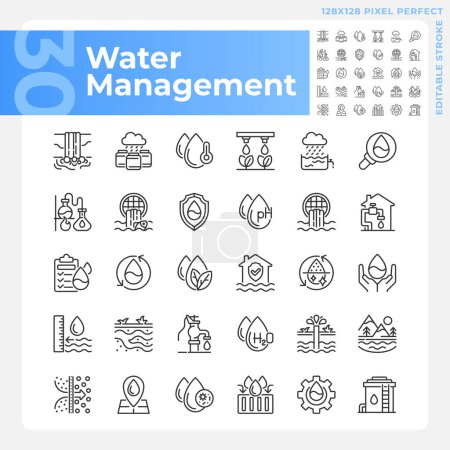 Lineare Symbole für das Wassermanagement gesetzt. Wasserwirtschaft. Grundwasser. Wasserschutz. Personalisierbare Symbole für dünne Linien. Vereinzelte Vektor-Umrisse-Illustrationen. Essbarer Schlaganfall. Pixel perfekt