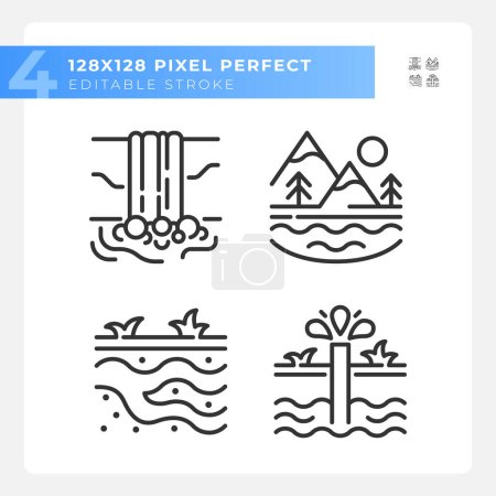 Illustration for Natural water bodies linear icons set. Natural resources. Scenic view. Groundwater. Customizable thin line symbols. Isolated vector outline illustrations. Editable stroke. Pixel perfect - Royalty Free Image
