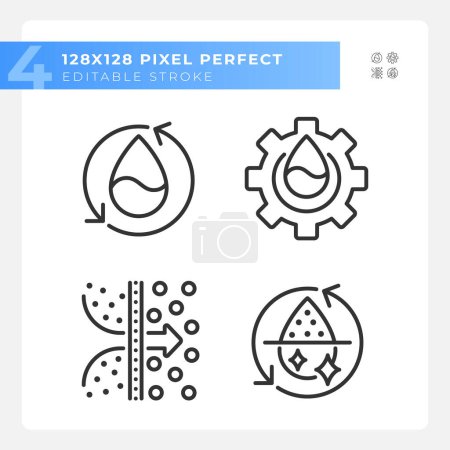 Water treatment linear icons set. Osmosis and desalination. Filtration process. Potable water. Customizable thin line symbols. Isolated vector outline illustrations. Editable stroke. Pixel perfect
