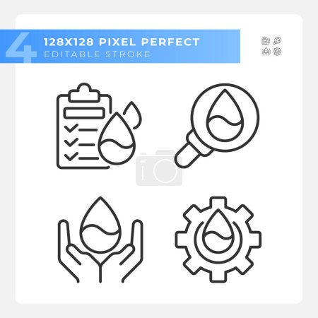Quality testing linear icons set. Environmental protection. Quality control of potable water. Customizable thin line symbols. Isolated vector outline illustrations. Editable stroke. Pixel perfect