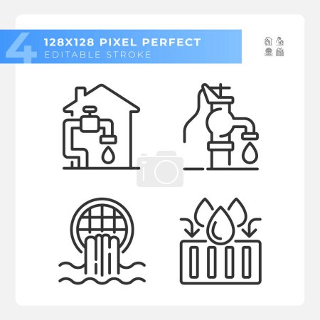 Water infrastructure linear icons set. Manual well pump. Home water system. Storm drain. Customizable thin line symbols. Isolated vector outline illustrations. Editable stroke. Pixel perfect