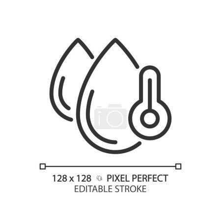 Water temperature linear icon. Thermometer and water droplets. Temperature control equipment. Thin line illustration. Contour symbol. Vector outline drawing. Editable stroke. Pixel perfect