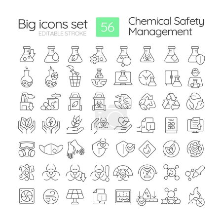 Chemical safety management linear icons set. Environmental impact. Chemical processes, toxic materials. Customizable thin line symbols. Isolated vector outline illustrations. Editable stroke