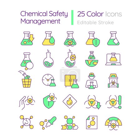 Ilustración de Conjunto de iconos de color RGB de gestión de seguridad química. Control de laboratorio. Sustancias tóxicas, normas de seguridad. Ilustraciones vectoriales aisladas. Colección de dibujos de línea rellenos simples. Carrera editable - Imagen libre de derechos