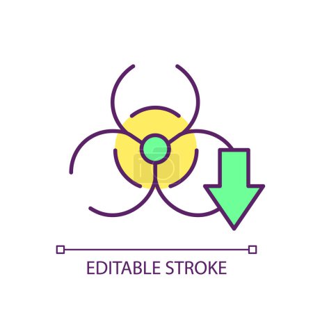 Toxicity decrease RGB color icon. Hazard danger sign. Industrial chemical products. Ecological damage, healthcare. Isolated vector illustration. Simple filled line drawing. Editable stroke