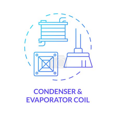 Condensador y evaporador bobina azul gradiente icono concepto. Limpieza y mantenimiento de componentes de hvac. Ilustración de línea de forma redonda. Una idea abstracta. Diseño gráfico. Fácil de usar en material promocional