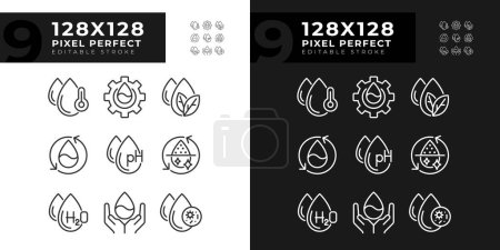 Water drops linear icons set for dark, light mode. Water molecule and composition. Ph balance. Thin line symbols for night, day theme. Isolated illustrations. Editable stroke. Pixel perfect