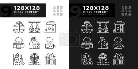 Water industry related linear icons set for dark, light mode. Water collection, distillation. Thin line symbols for night, day theme. Isolated illustrations. Editable stroke. Pixel perfect