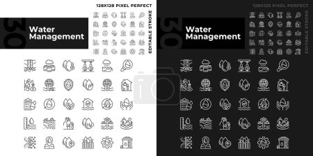 Water management linear icons set for dark, light mode. Water industry. Groundwater. Water conservation. Thin line symbols for night, day theme. Isolated illustrations. Editable stroke. Pixel perfect