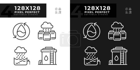 Water collection linear icons set for dark, light mode. Water conservation, reuse. Resource management. Thin line symbols for night, day theme. Isolated illustrations. Editable stroke. Pixel perfect