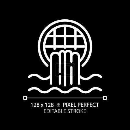 Storm drain white linear icon for dark theme. Wastewater runoff. Water management. Urban infrastructure. Thin line illustration. Isolated symbol for night mode. Editable stroke. Pixel perfect