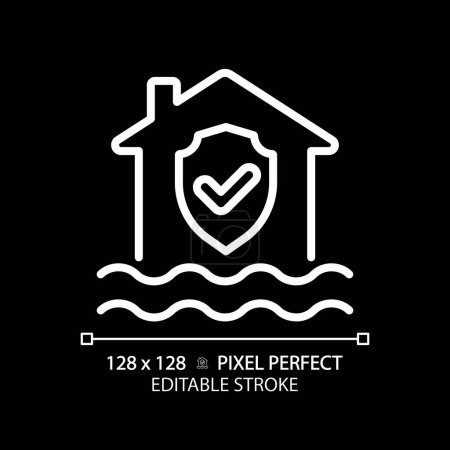 Flood protection white linear icon for dark theme. House with checkmark above water. Water damage prevention. Thin line illustration. Isolated symbol for night mode. Editable stroke. Pixel perfect