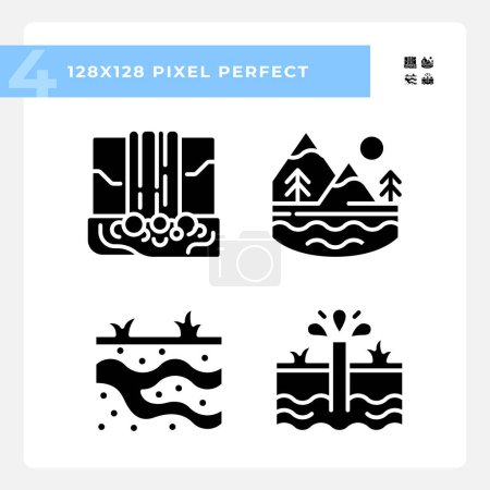 Natural water bodies black glyph icons set on white space Natural resources. Scenic view. Groundwater. Silhouette symbols. Solid pictogram pack. Vector isolated illustration. Pixel perfect