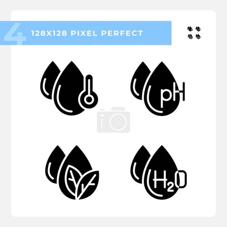 Water features black glyph icons set on white space Temperature and ph balance. Molecular structure of water. Silhouette symbols. Solid pictogram pack. Vector isolated illustration. Pixel perfect