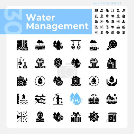 Wassermanagement schwarze Glyphen Symbole auf weißem Raum Wasserindustrie gesetzt. Grundwasser. Wasserschutz. Silhouettensymbole. Solide Piktogrammpackung. Vektorisolierte Illustration. Pixel perfekt
