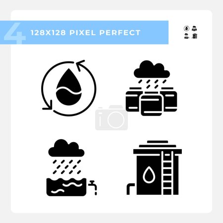 Wassersammlung schwarze Glyphen Symbole auf weißem Raum Wassersparen und Wiederverwendung eingestellt. Ressourcenmanagement. Silhouettensymbole. Solide Piktogrammpackung. Vektorisolierte Illustration. Pixel perfekt