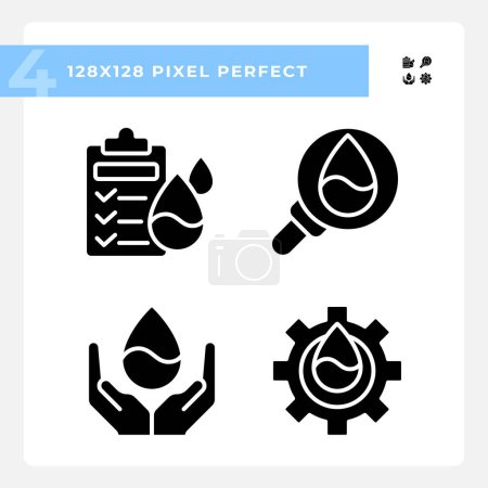 Quality testing black glyph icons set on white space Environmental protection. Quality control of potable water. Silhouette symbols. Solid pictogram pack. Vector isolated illustration. Pixel perfect