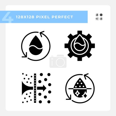 Wasseraufbereitung schwarze Glyphen-Symbole auf Weißraum-Osmose und Entsalzung gesetzt. Filtrationsprozess. Trinkwasser. Silhouettensymbole. Solide Piktogrammpackung. Vektorisolierte Illustration. Pixel perfekt