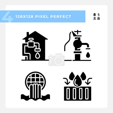 Water infrastructure black glyph icons set on white space Manual well pump. Home water system. Storm drain. Silhouette symbols. Solid pictogram pack. Vector isolated illustration. Pixel perfect
