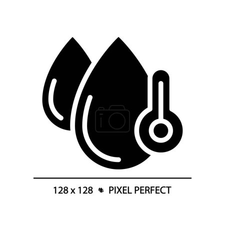 Water temperature black glyph icon. Thermometer and water droplets. Temperature control equipment. Silhouette symbol on white space. Solid pictogram. Vector isolated illustration. Pixel perfect