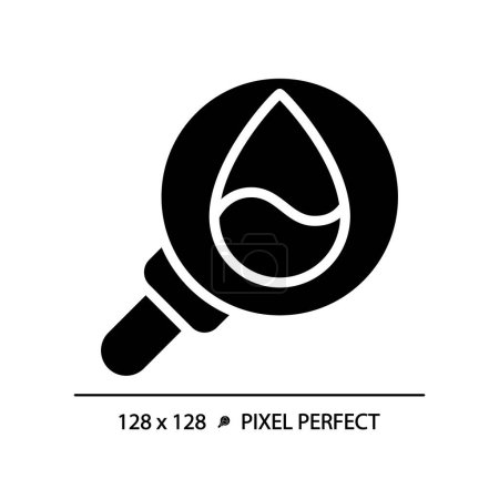 Water quality black glyph icon. Water droplet and magnifying glass. Clean water for drinking. Silhouette symbol on white space. Solid pictogram. Vector isolated illustration. Pixel perfect