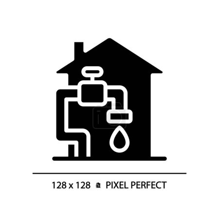 Water supply black glyph icon. Potable water at home. Residential infrastructure. Clean water access. Silhouette symbol on white space. Solid pictogram. Vector isolated illustration. Pixel perfect