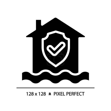 Das schwarze Glyphen-Symbol für den Hochwasserschutz. Haus mit Häkchen über dem Wasser. Verhinderung von Wasserschäden. Silhouette-Symbol auf weißem Raum. Solides Piktogramm. Vektorisolierte Illustration. Pixel perfekt