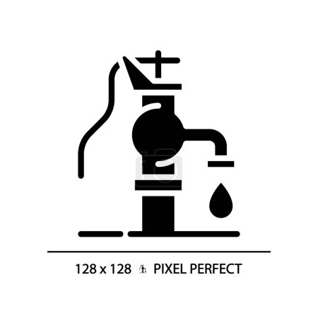 Well pump black glyph icon. Groundwater extraction. Hydraulic pump. Drinking water access. Fresh water. Silhouette symbol on white space. Solid pictogram. Vector isolated illustration. Pixel perfect