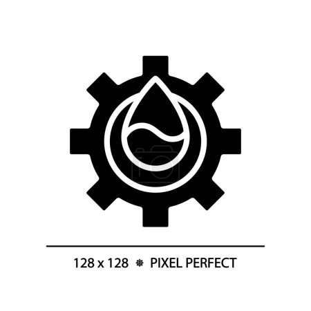 Water industry black glyph icon. Water management. Clean water solutions. Droplet and gear. Silhouette symbol on white space. Solid pictogram. Vector isolated illustration. Pixel perfect