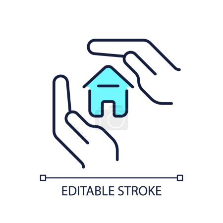 Illustration for Home protection RGB color icon. Real estate insurance. Property care. Hands and house. Protecting own house. Isolated vector illustration. Simple filled line drawing. Editable stroke - Royalty Free Image