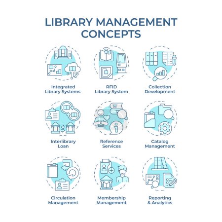 Library management soft blue concept icons. RFID technology, book circulation. Customer service. Icon pack. Vector images. Round shape illustrations for article, blog post. Abstract idea