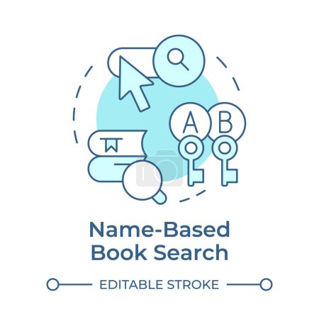 Icono de concepto azul suave de búsqueda de libros basada en nombres. Acceso a la literatura, barra de búsqueda. Ilustración de línea de forma redonda. Una idea abstracta. Diseño gráfico. Fácil de usar en infografía, entrada de blog