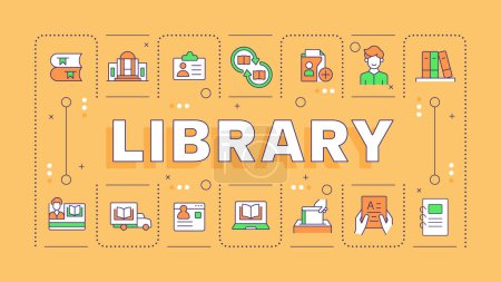 Library orange word concept. RFID technology, books managing. Public access, safety measures. Typography banner. Vector illustration with title text, editable icons color. Hubot Sans font used