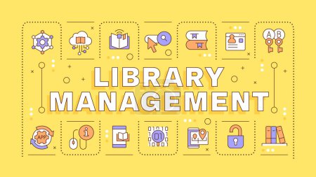 Library management yellow word concept. Books and materials. Security measures, information secure. Typography banner. Vector illustration with title text, editable icons color. Hubot Sans font used