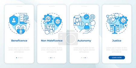 Illustration for Principles of bioethics blue onboarding mobile app screen. Walkthrough 4 steps editable graphic instructions with linear concepts. UI, UX, GUI template. Montserrat SemiBold, Regular fonts used - Royalty Free Image