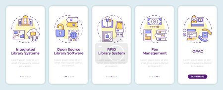 Library software onboarding mobile app screen. Books managing. Walkthrough 5 steps editable graphic instructions with linear concepts. UI, UX, GUI template. Montserrat Semibold, Regular fonts used