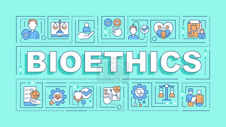 Illustration for Bioethics turquoise word concept. Ethical principles in healthcare. Typography banner. Flat design. Vector illustration with title text, editable line icons. Ready to use. Arial Black font used - Royalty Free Image