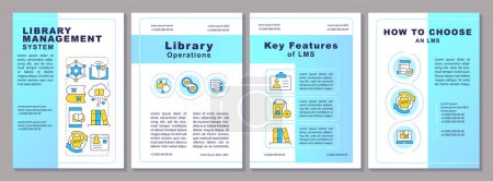 Illustration for Library management features brochure template. User service. Leaflet design with linear icons. Editable 4 vector layouts for presentation, annual reports. Arial-Black, Myriad Pro-Regular fonts used - Royalty Free Image