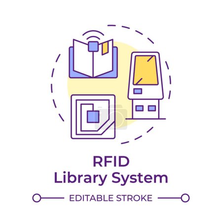 Sistema de biblioteca RFID icono de concepto multicolor. Servicio de usuario, organización de clasificación. Ilustración de línea de forma redonda. Una idea abstracta. Diseño gráfico. Fácil de usar en infografía, entrada de blog