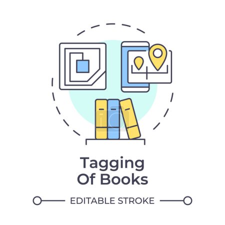 Illustration for Tagging of books multi color concept icon. RFID technology, book managing. Library system. Round shape line illustration. Abstract idea. Graphic design. Easy to use in infographic, blog post - Royalty Free Image