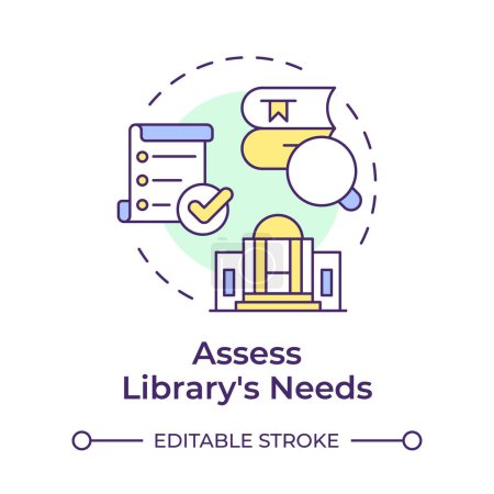 Assess Library`s needs multi color concept icon. Book maintenance, service improvement. Round shape line illustration. Abstract idea. Graphic design. Easy to use in infographic, blog post