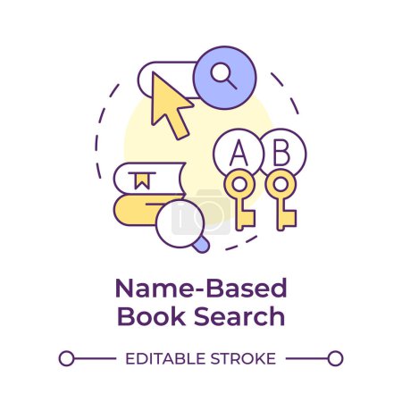 Name-based book search multi color concept icon. Accessing literature, search bar. Round shape line illustration. Abstract idea. Graphic design. Easy to use in infographic, blog post