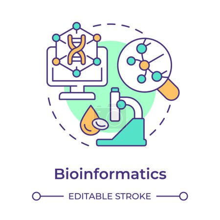Bioinformatics multi color concept icon. Software for analysing biological data. DNA analysis. Round shape line illustration. Abstract idea. Graphic design. Easy to use in presentation