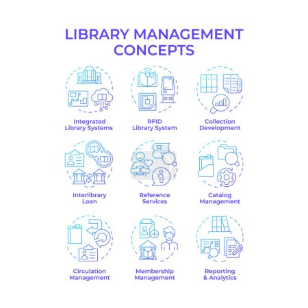 Library management blue gradient concept icons. RFID technology, book circulation. Customer service. Icon pack. Vector images. Round shape illustrations for article, blog post. Abstract idea