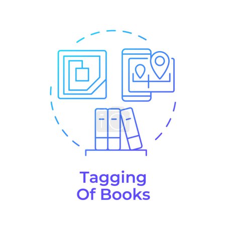 Téléchargez les illustrations : Étiquetage des livres icône de concept de dégradé bleu. Technologie RFID, gestion de livres. Système de bibliothèque. Illustration de forme ronde. Idée abstraite. Conception graphique. Facile à utiliser dans l'infographie, billet de blog - en licence libre de droit